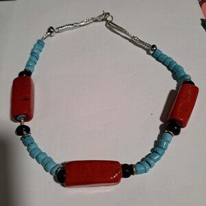 red blue turquoise chunky large beaded necklace